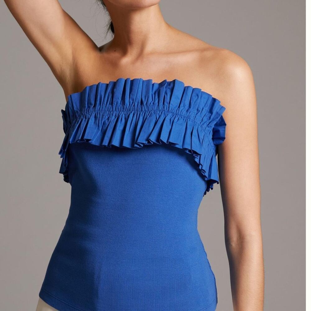 Anthropologie Maeve Poplin Ruffle Blue Tube Top - Picture 4 of 11